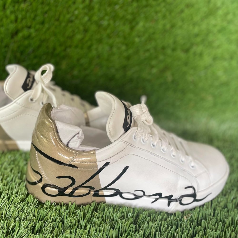 Dolce and Gabbana ""Portofino Cursive" (Size 38 1/2 EU) Gold and White